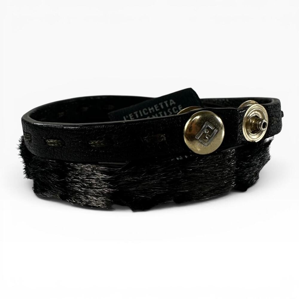 Fendi Black Leather Fur Trim Wrap Bracelet Gold Tone Snap Made In Italy Designer